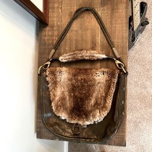 Andrew Marc Genuine Leather &  Rabbit Fur Dark Army Green Hobo Purse Handbag